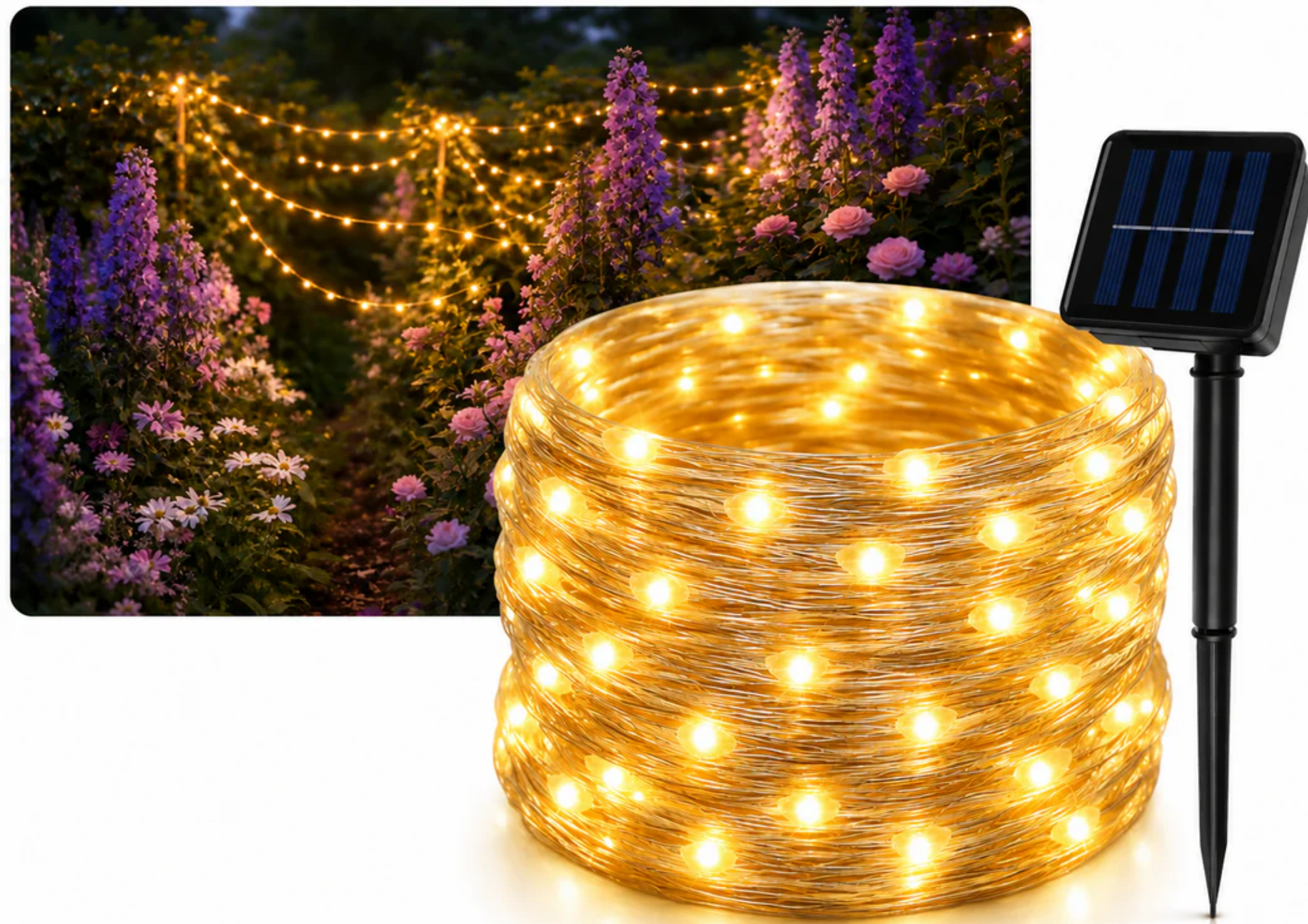 Solar Lichterkette 15m 150 LED Warmweiß IP44 Garten Balkon Terrasse 8 Modi