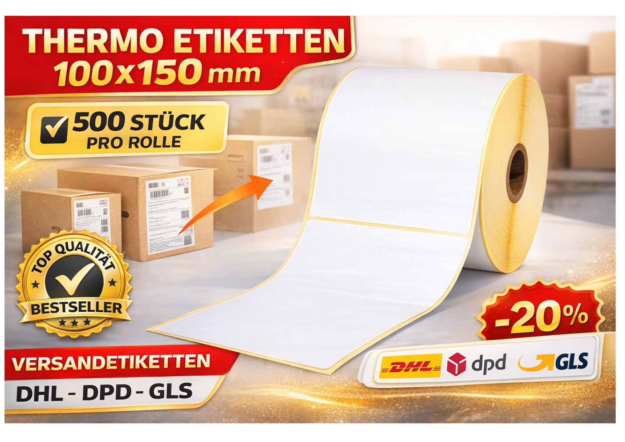 Thermo Etiketten 100x150 mm 500 Stück Rolle Versandetiketten DHL - DPD - GLS