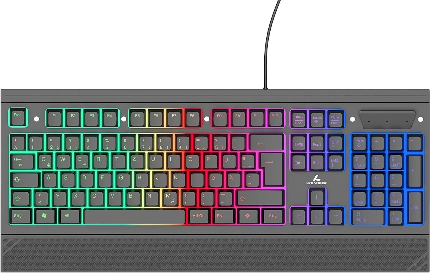 LYCANDER Gaming Tastatur Deutsch (LKB8154DE) – Kabelgebundene USB-Tastatur mit 19 Anti-Ghosting-Tasten & Regenbogen-Hintergrundbeleuchtung, 1,8 m Kabel