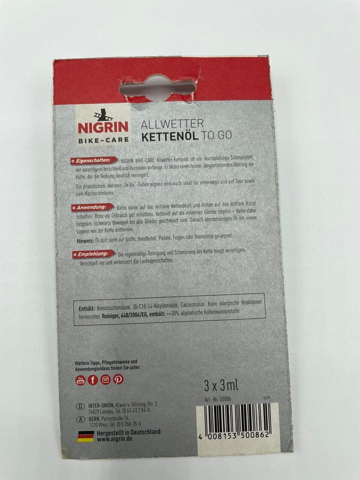 Nigrin 1x Tube Ketten-Ăl Ketten-Fett Kriech-Ăl f. Fahrrad-Ăl MTB E-Bike Trekking