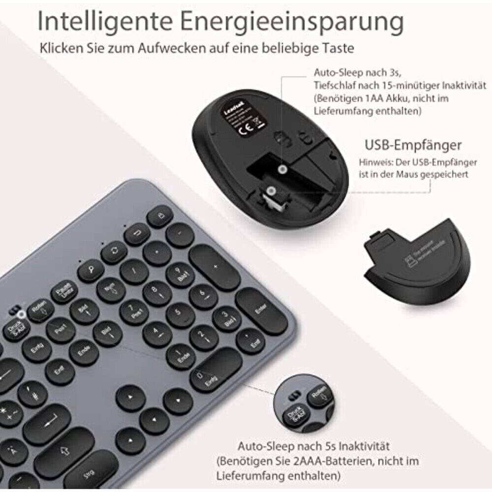 LeadsaiL Kabellose Tastatur Maus Set – Ergonomisches Wireless Keyboard mit Silent Mouse, Deutsches QWERTZ-Layout, Standardgröße