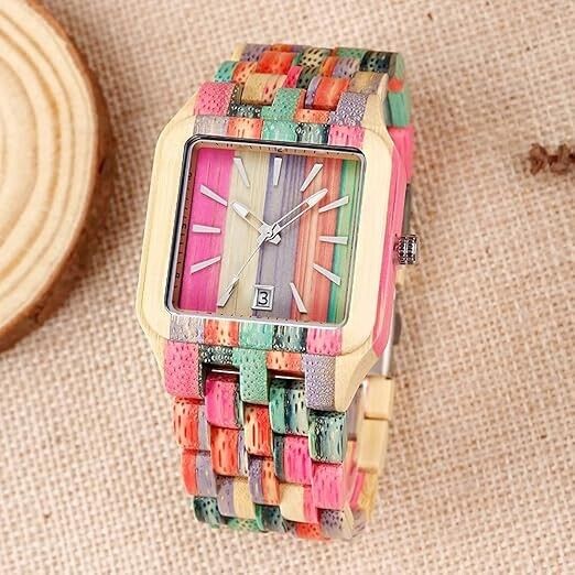 Herren Holzuhr Handgefertigte Bunte Bambus Holzuhr Analoge Quarz Armbanduhr