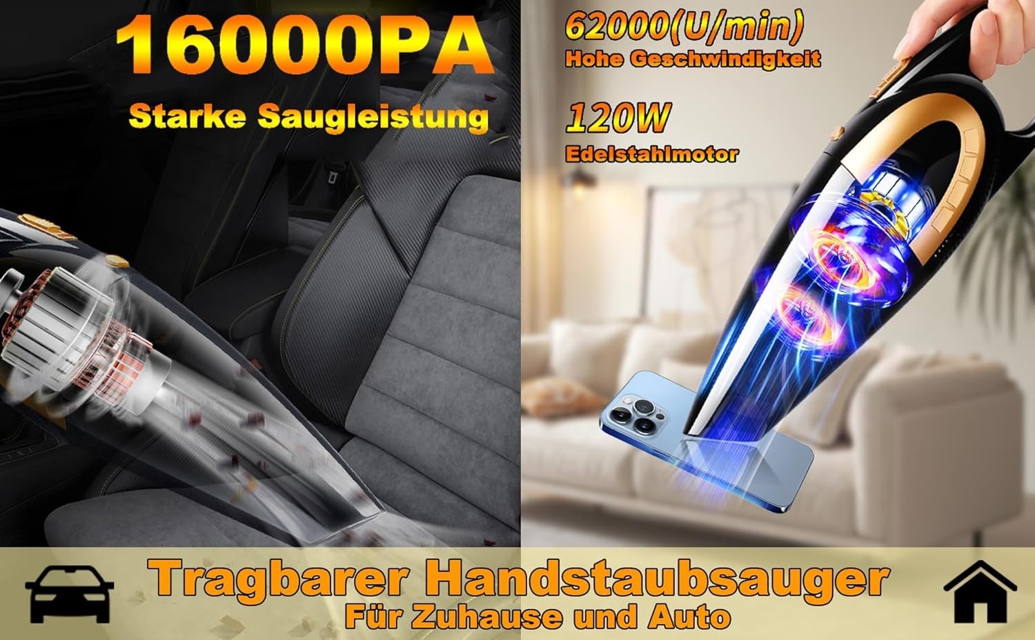 Kabelloser Handstaubsauger 16000Pa – Akku Auto Staubsauger Nass & Trocken für Tierhaare, Auto und Haushalt