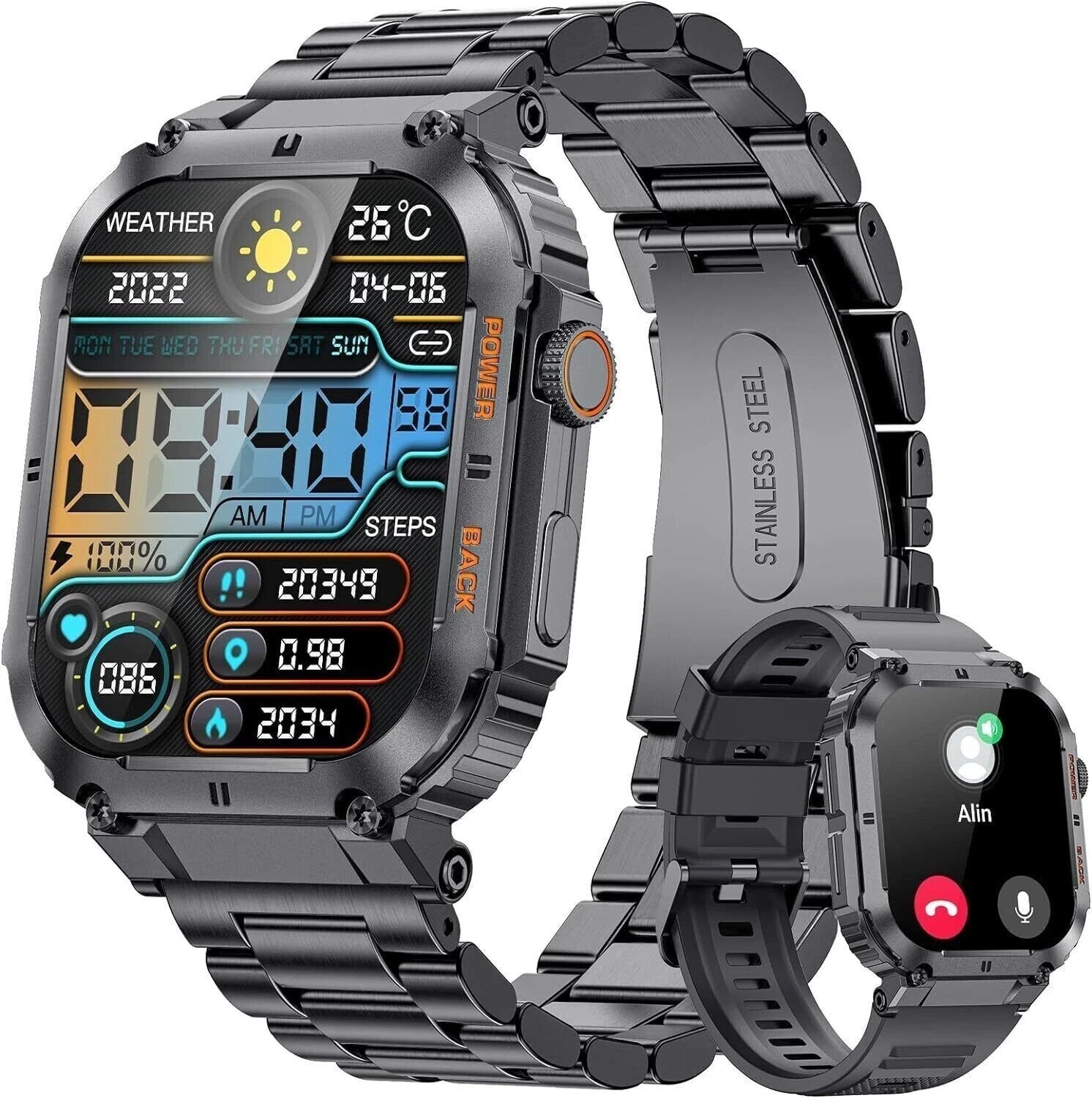 Smartwatch Herren Militärisch Telefonfunktion 1.96'' HD 100+ Sportmodi Schwarz