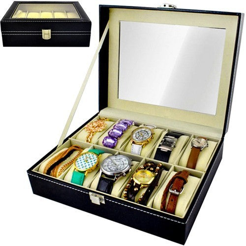 MALATEC Schmuck Organizer Schwarz – Uhrenbox mit 10 Fächern und Glasdeckel