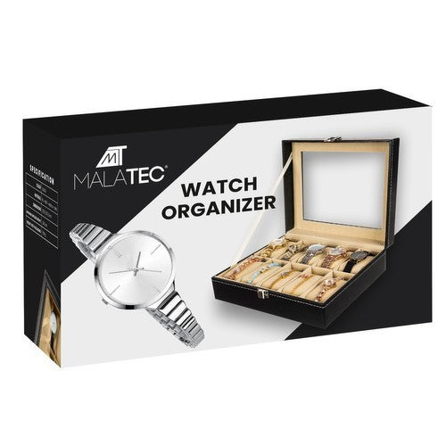 MALATEC Schmuck Organizer Schwarz – Uhrenbox mit 10 Fächern und Glasdeckel