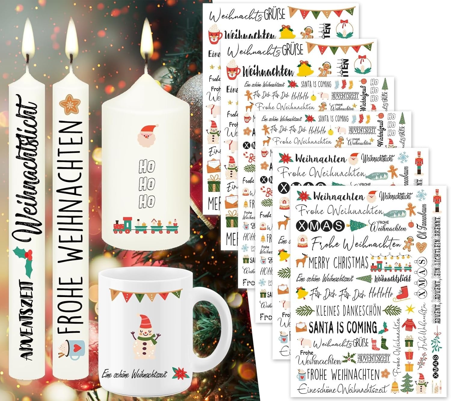 6x Weihnachts Kerzen Tattoo Set 200+ Motive Wassertransfer Deko