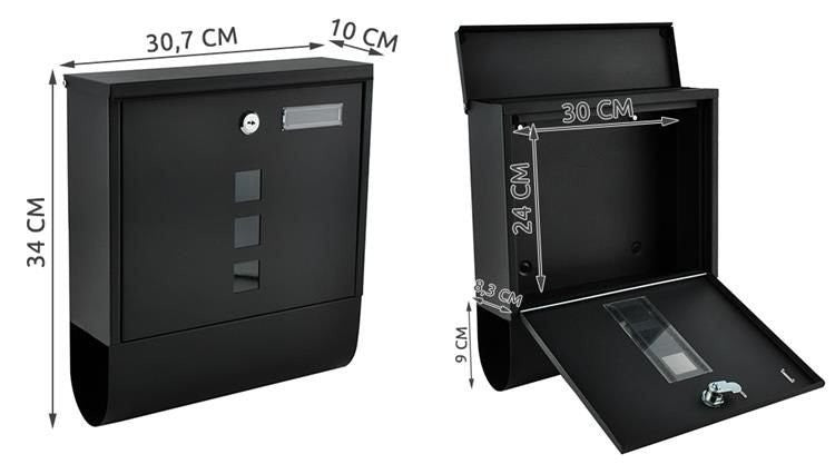 Briefkasten Schwarz A4 mit Zeitungsrolle Schloss Wandmontage Metall