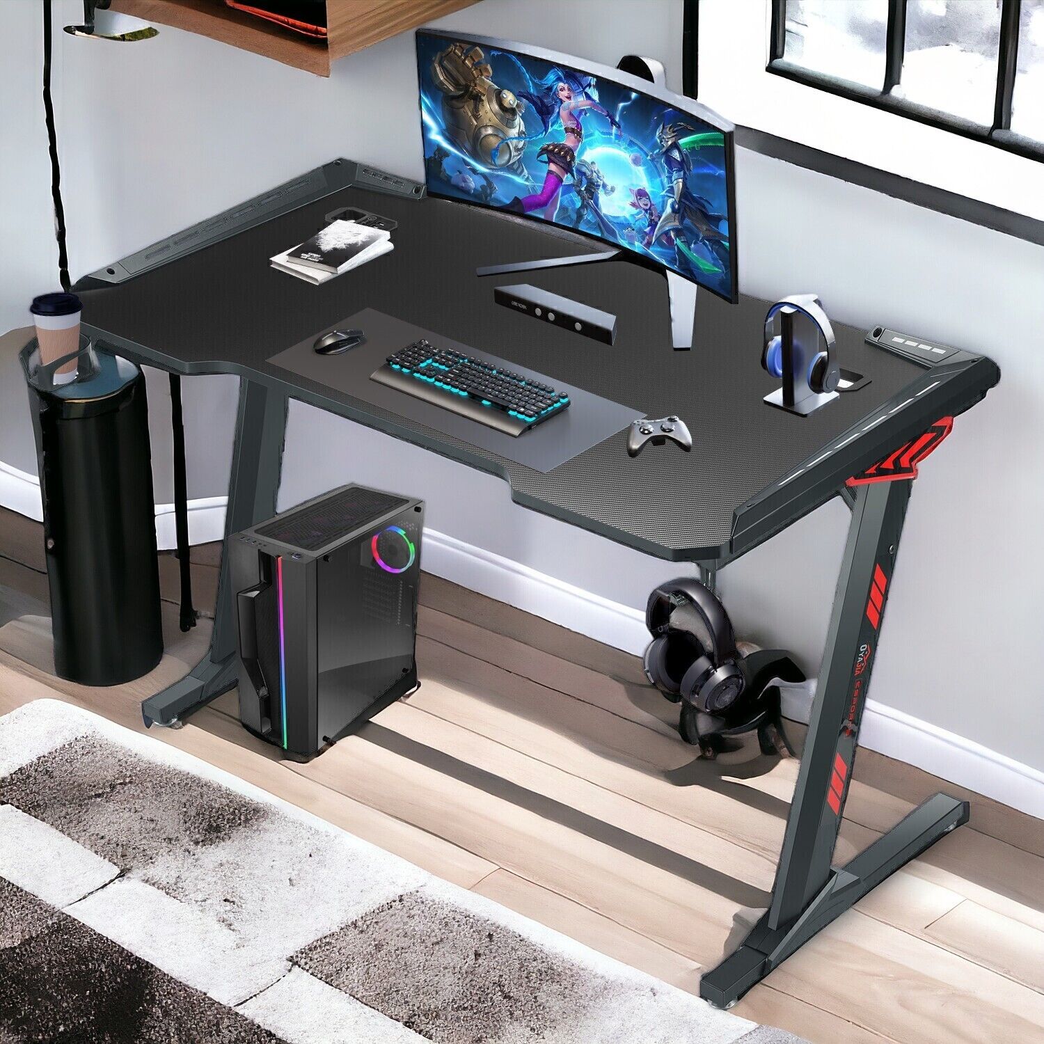 120cm RGB LED Gaming Desk Ergonomic Gaming Computer Table Black new