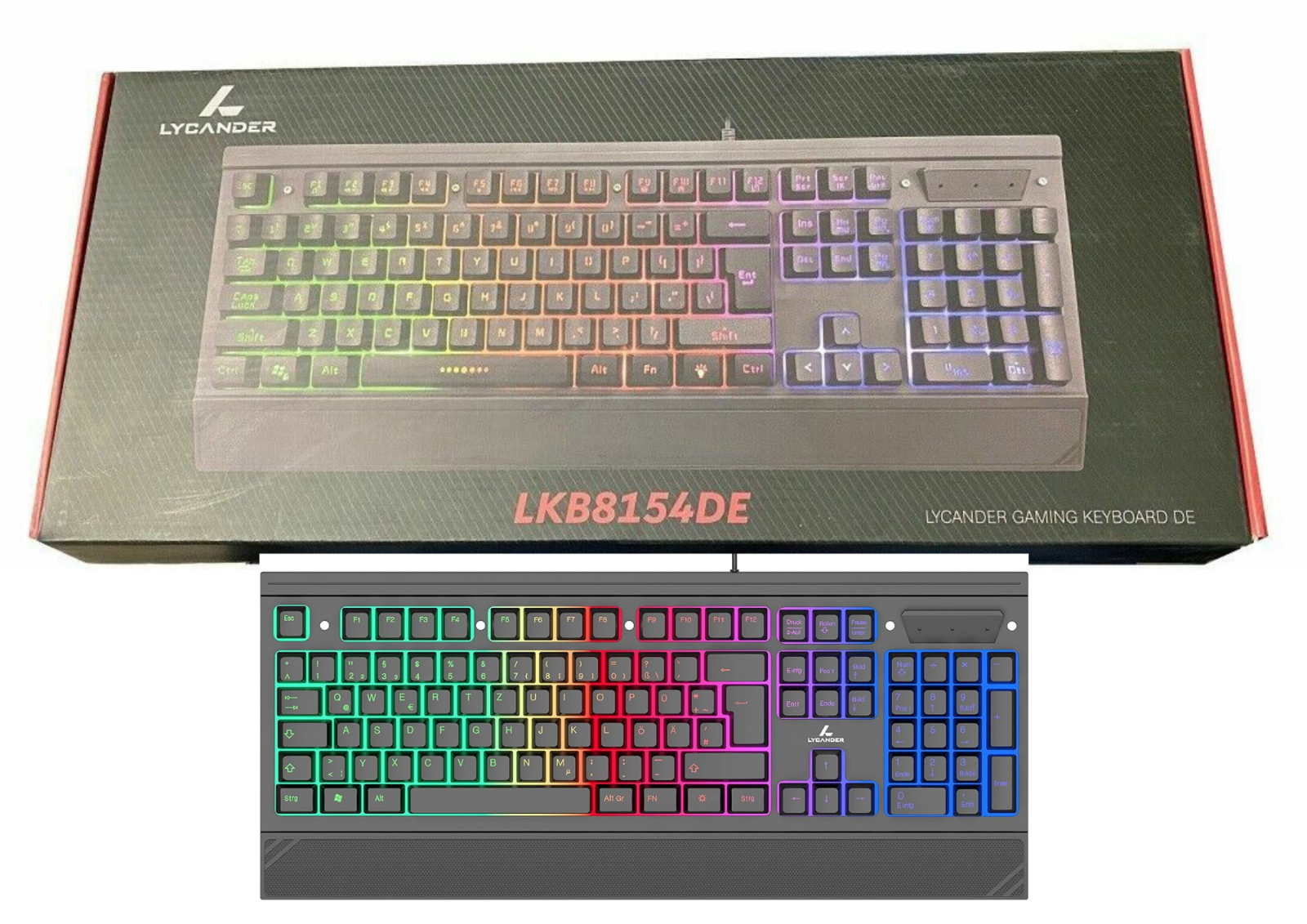 LYCANDER Gaming Tastatur Deutsch (LKB8154DE) – Kabelgebundene USB-Tastatur mit 19 Anti-Ghosting-Tasten & Regenbogen-Hintergrundbeleuchtung, 1,8 m Kabel