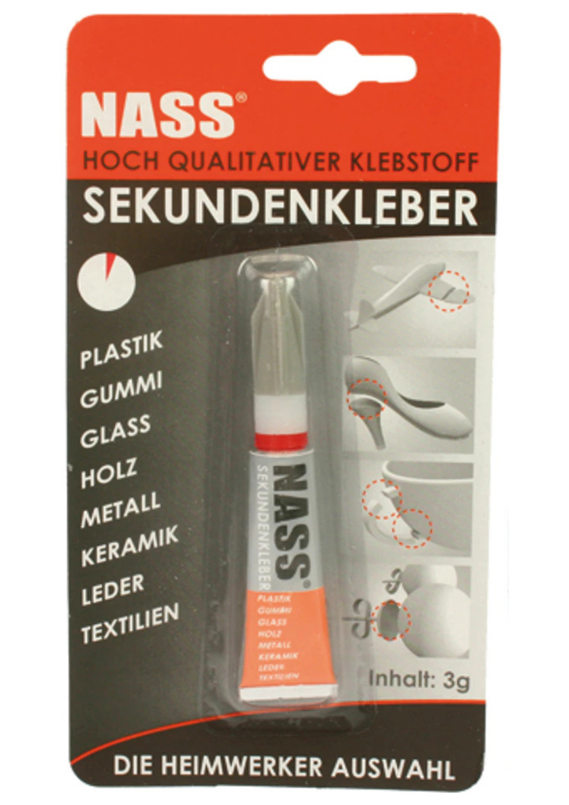 Sekundenkleber 3g für Nass-Reparaturen an Plastik, Gummi, Glas, Holz, Keramik und Metall