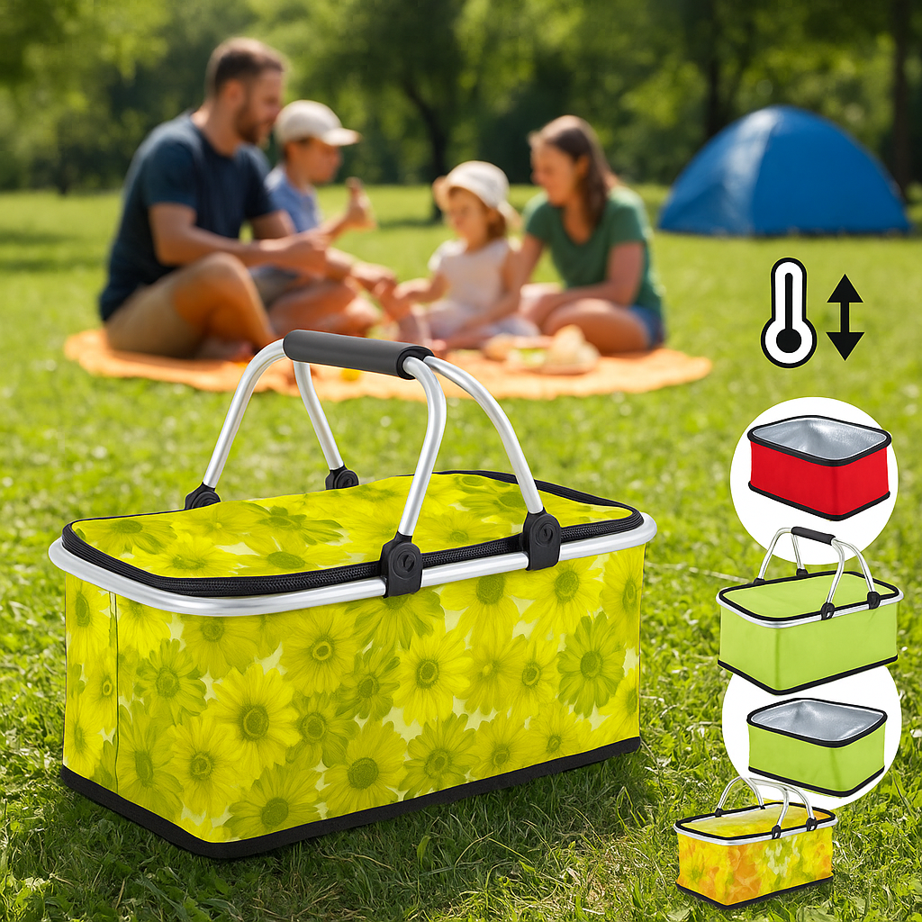 Thermo Einkaufskorb Faltbar 48x28x22cm – Isolierter Picknickkorb mit Reißverschluss & Alurahmen