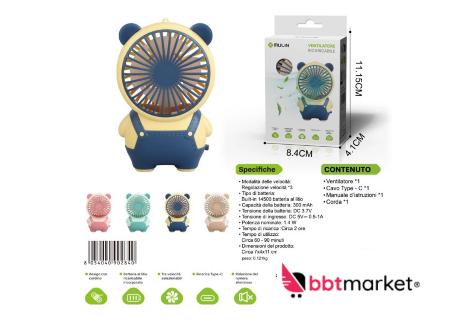 Mini USB Ventilator wiederaufladbar – Kinder Lüfter mit 3 Stufen und USB-C