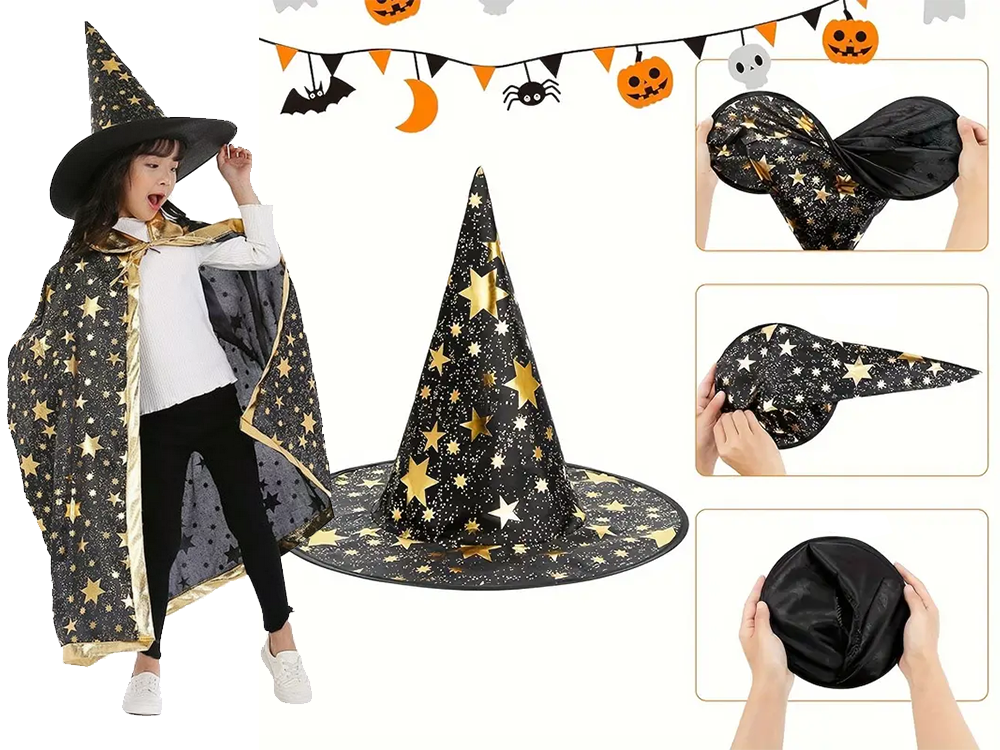 Kinder Halloween Kostüm Hexe Zauberer Umhang mit Hut 🎃 Karneval Verkleidung