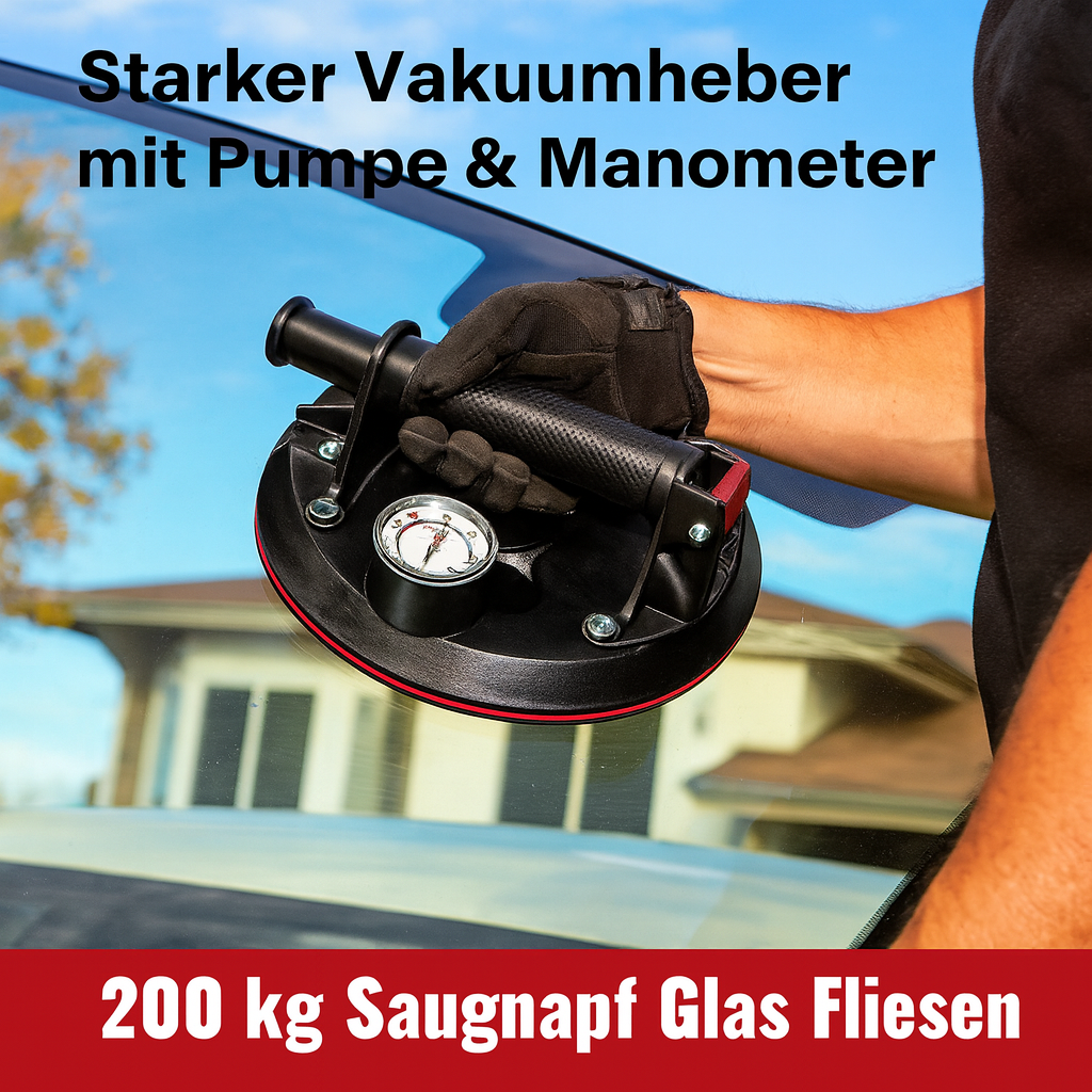 Vakuumsauger 200 kg mit Manometer und Pumpe – Saugheber für Fliesen, Glas, Spiegel und Platten