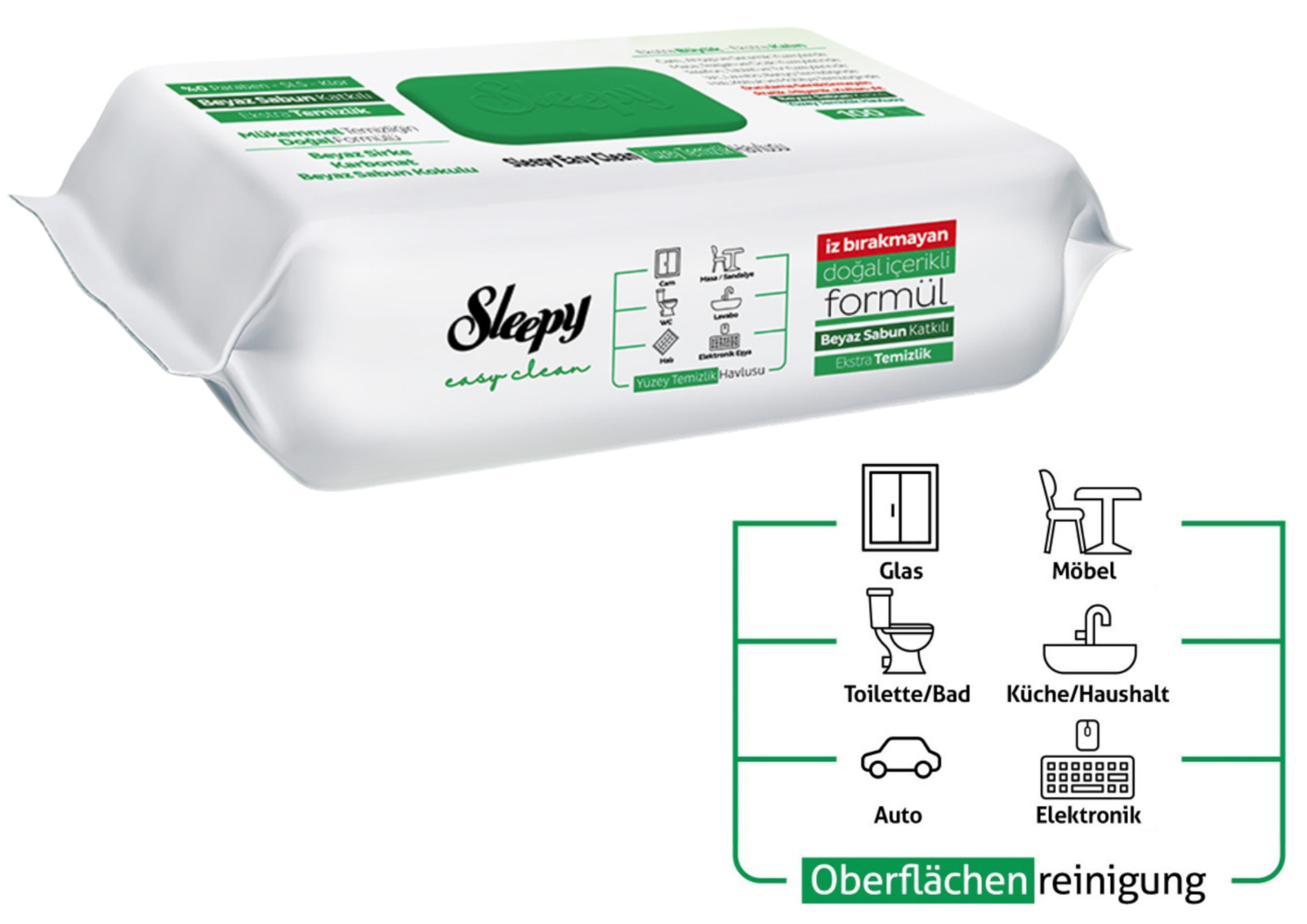 Sleepy Surface Cleaning Towel – Grün, Weißseifenduft | Hypoallergenes Reinigungstuch für Glas, Holz & Stein | Schnell trocknend & streifenfrei