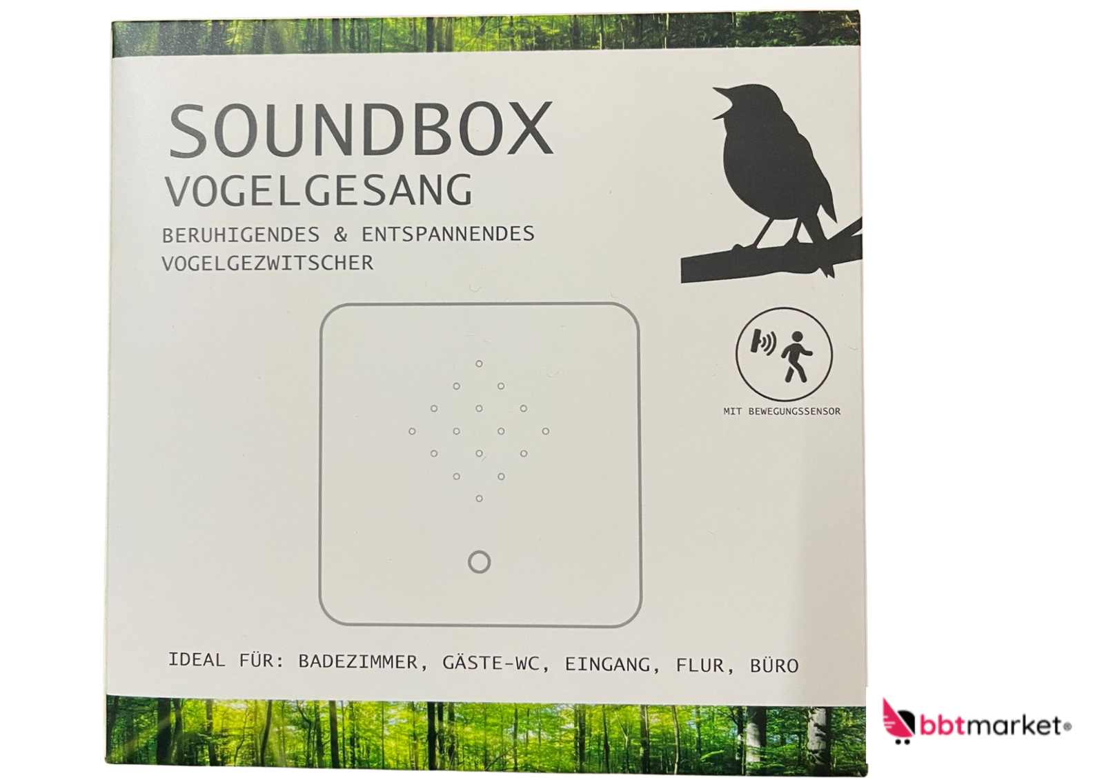 Soundbox Vogelgezwitscher mit Bewegungssensor – Beruhigender Vogelgesang für Bad, Flur & Büro