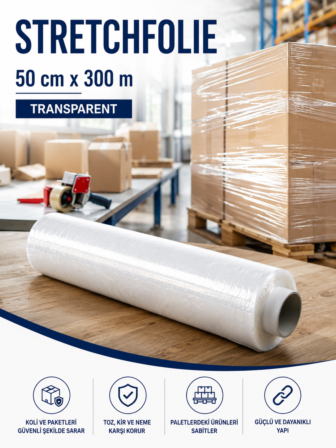 Stretchfolie 50cm x 300m Transparent Palettenfolie Verpackungsfolie