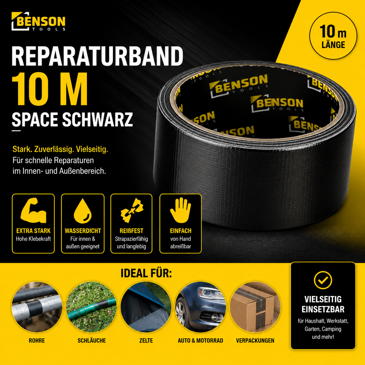 Reparaturband 10m Schwarz Gewebeband Panzerband Klebeband Universal