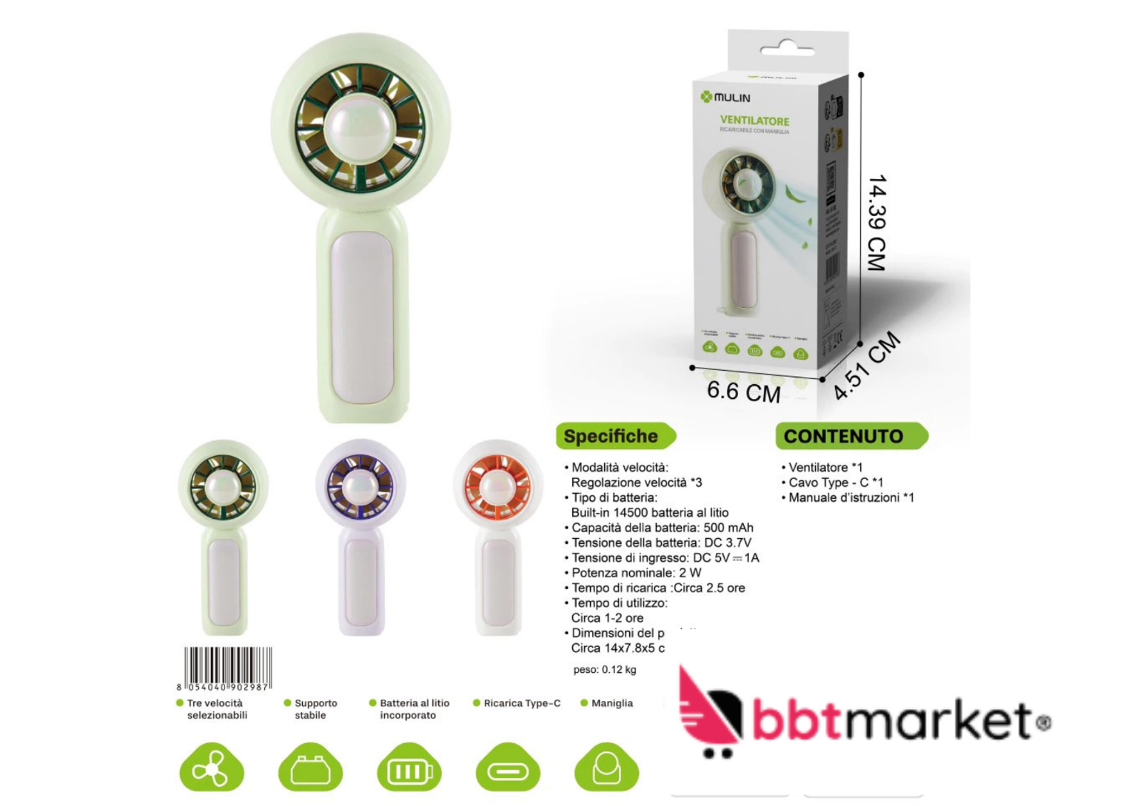 USB Mini Ventilator mit Akku und Griff – Tragbarer Handventilator mit 3 Stufen