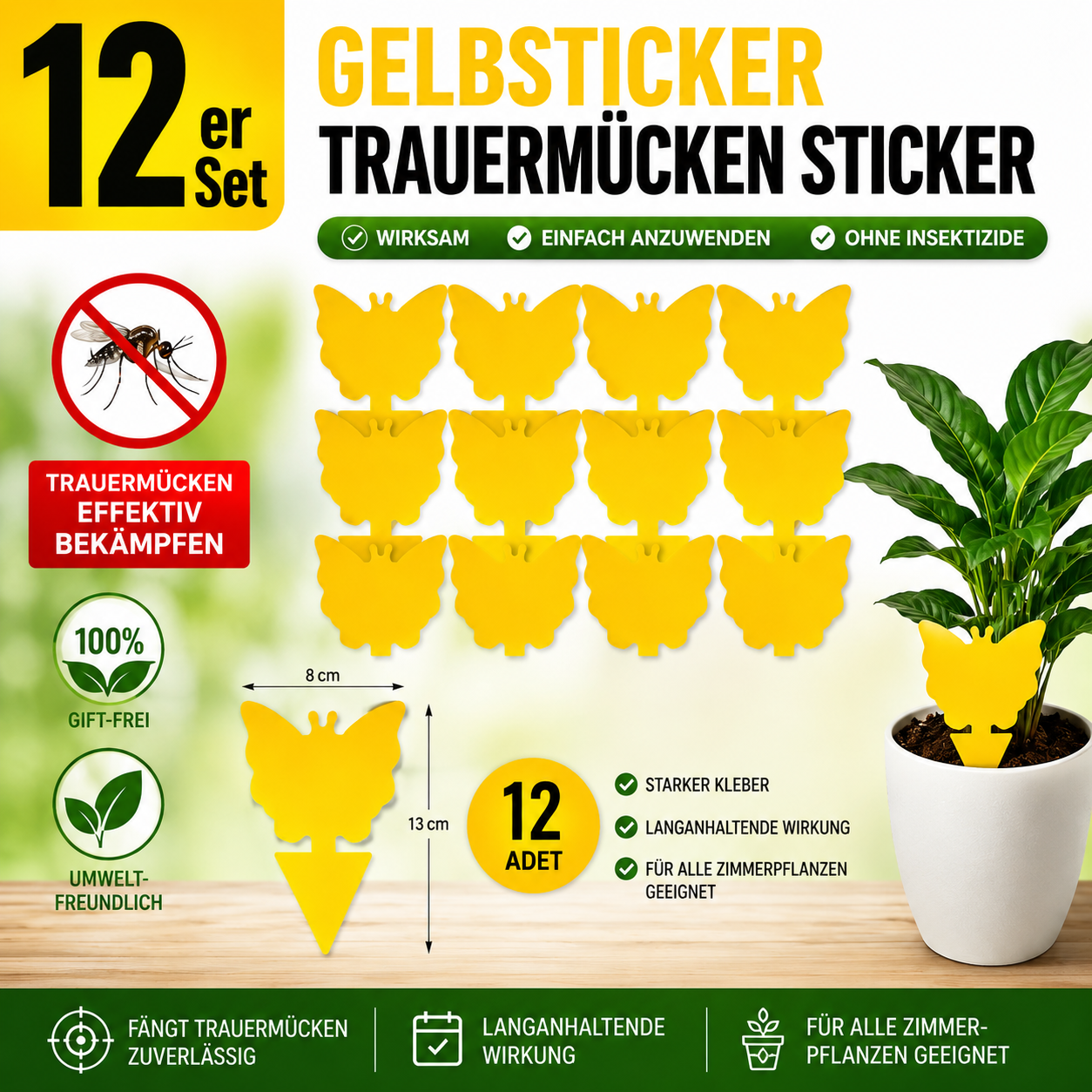 12x Gelbsticker gegen Trauermücken Schmetterling Klebefalle für Zimmerpflanzen
