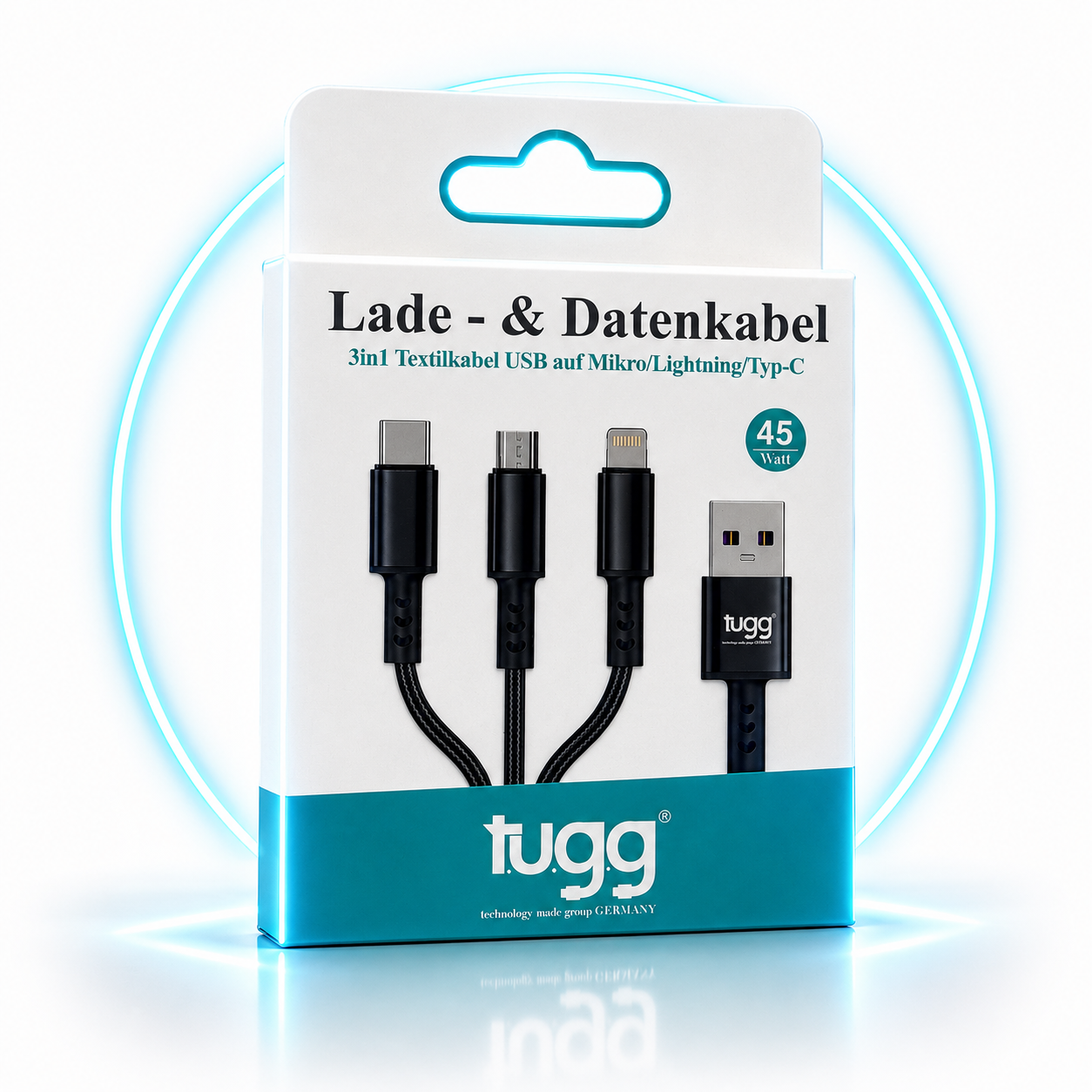 TUGG 3in1 USB Ladekabel 45W USB-C 8-Pin Micro USB 1,2m Textilkabel