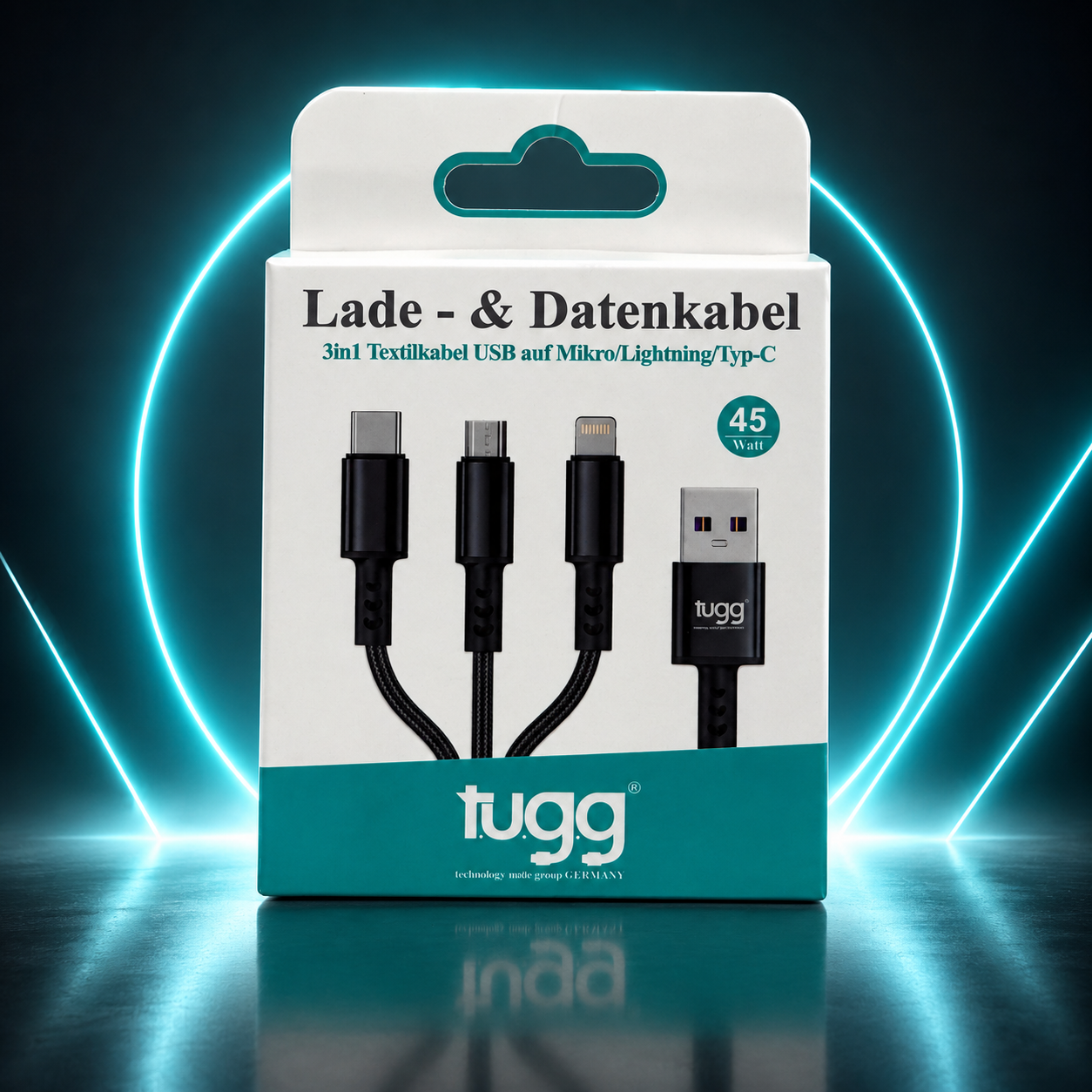TUGG 3in1 USB Ladekabel 45W USB-C 8-Pin Micro USB 1,2m Textilkabel