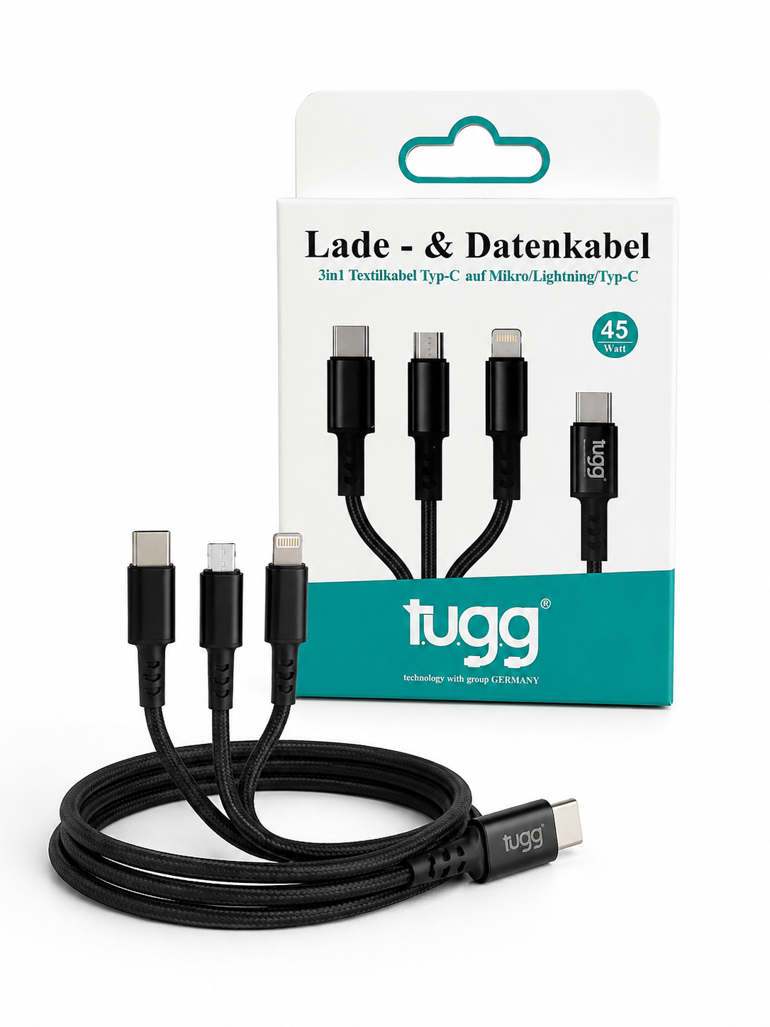 TUGG 3in1 USB-C Ladekabel 45W 1,2m 8-Pin Micro USB Multi Ladekabel Schwarz