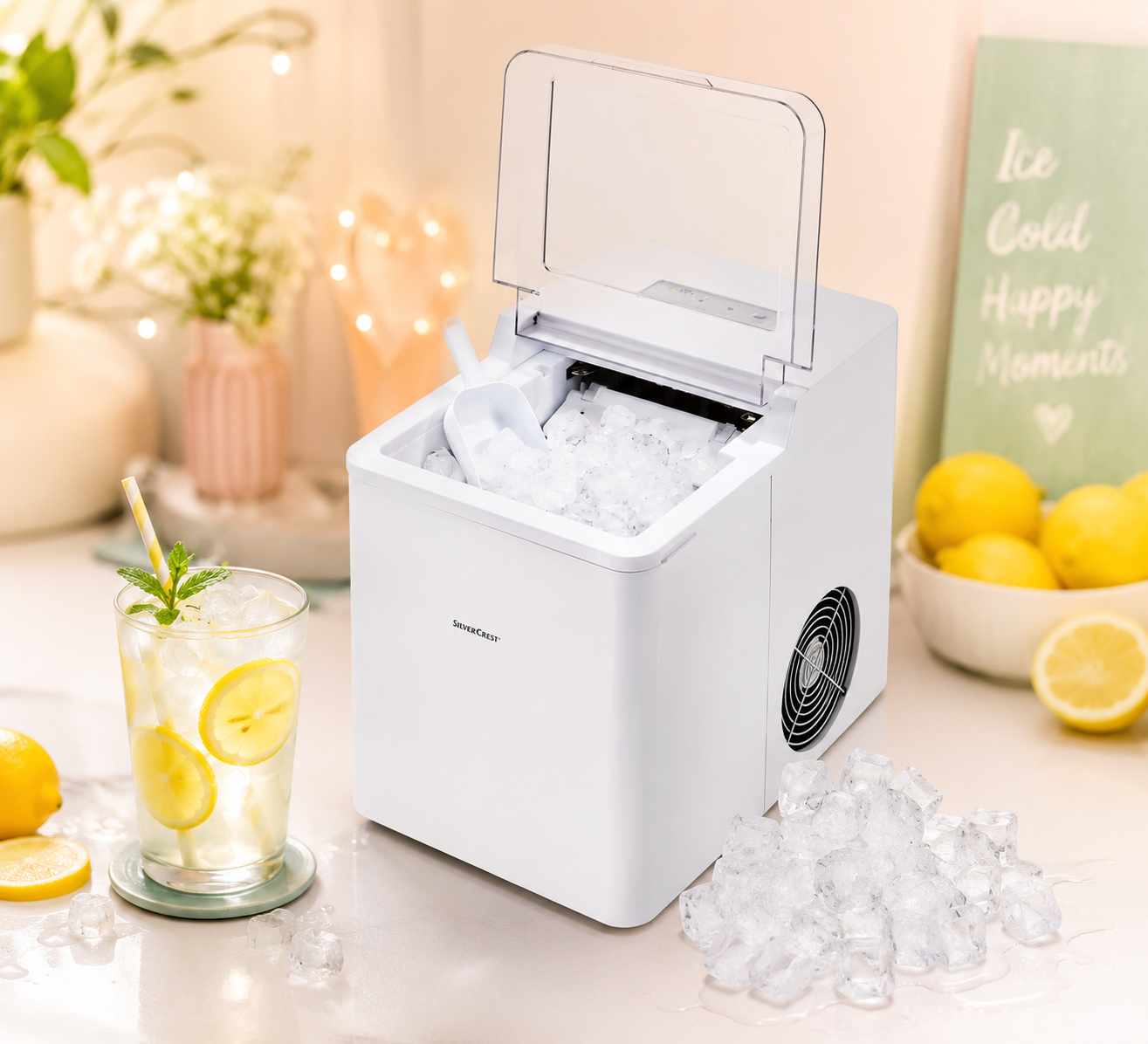 Eiswürfelmaschine 1,3L 105W Eiswürfelbereiter Weiß 2 Eiswürfelgrößen