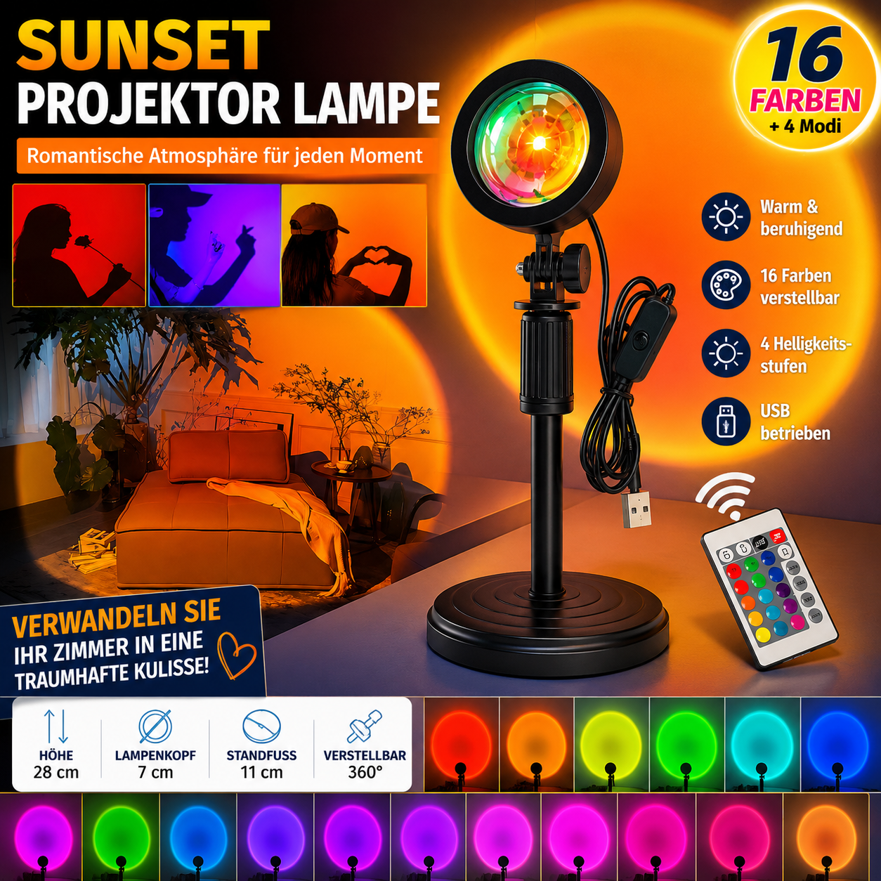 LED Sonnenuntergang Projektor RGB Lampe USB mit Fernbedienung Sunset Light
