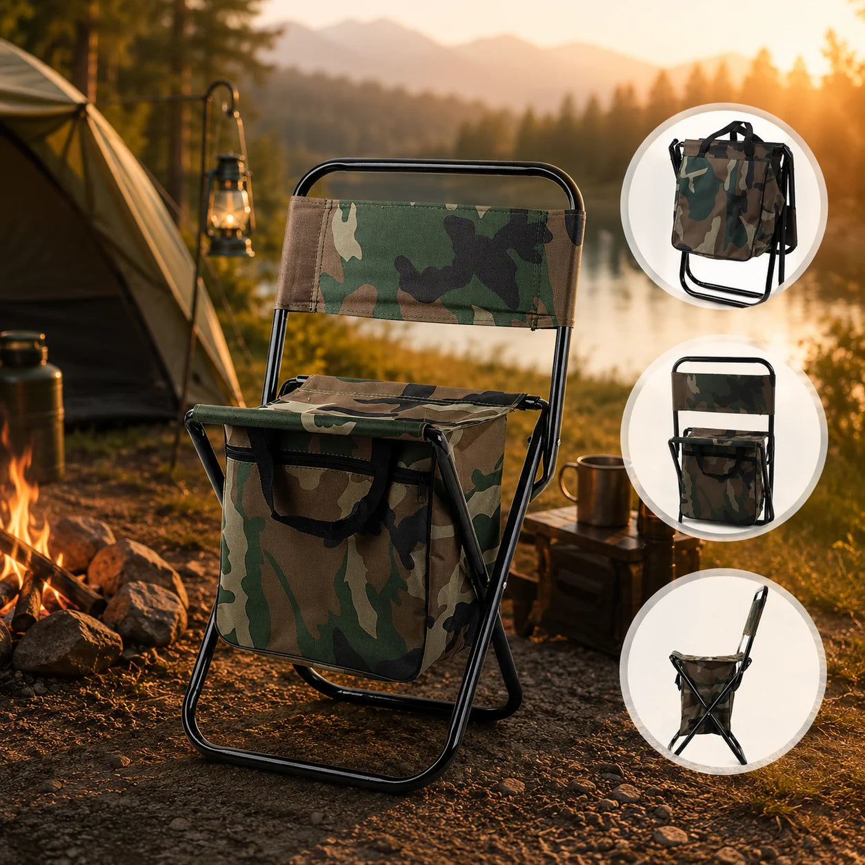 Camping Klappstuhl mit Rückenlehne & Tasche – Faltbarer Angelstuhl im Tarnmuster für Camping, Angeln und Outdoor