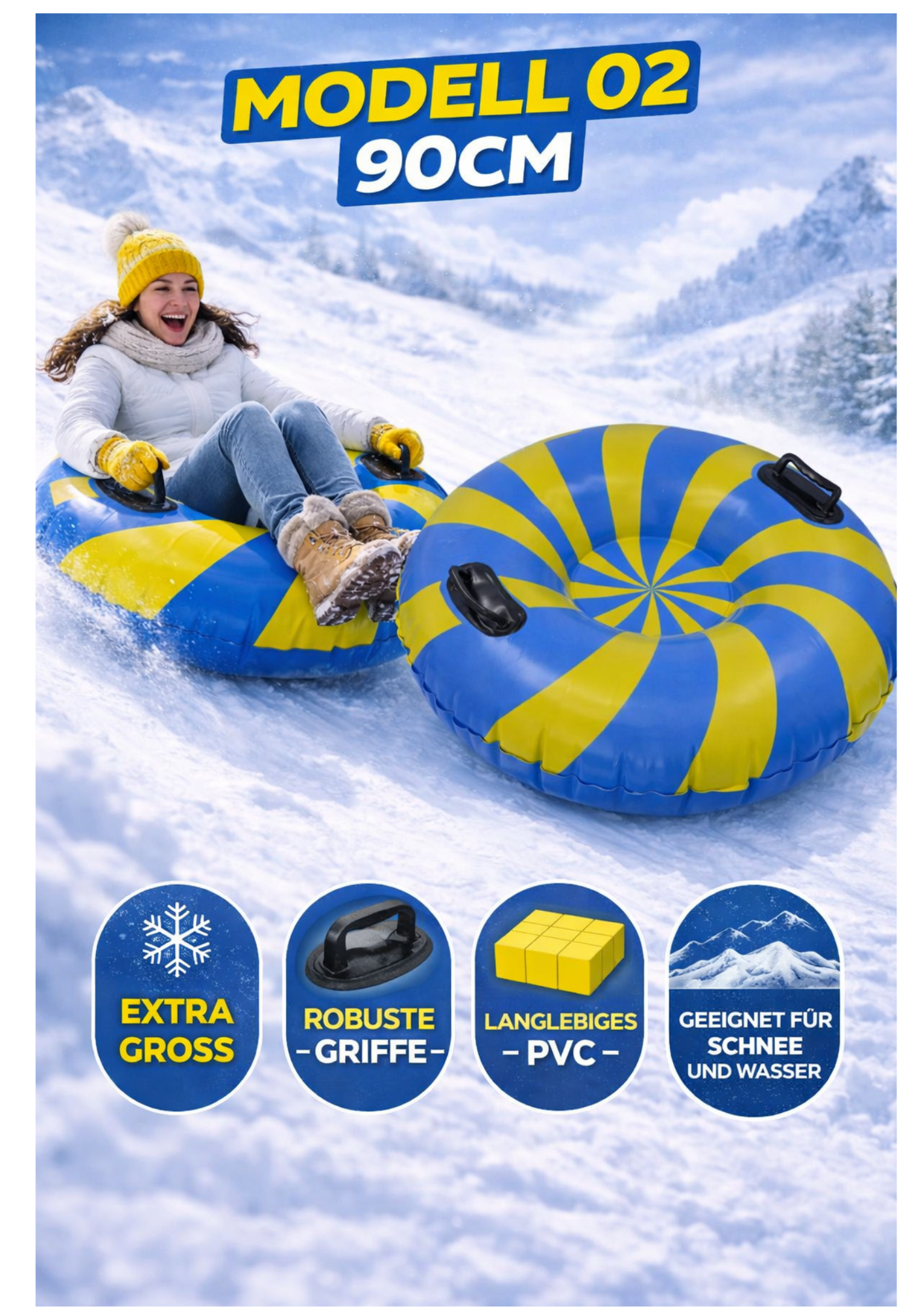 Snow Tube Aufblasbar Schneereifen mit Griffen Schwimmring für Schnee & Wasser