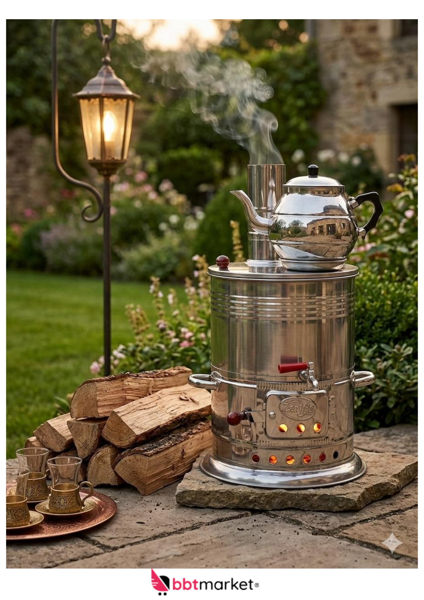 Holzkohle Samowar Edelstahl Semaver Teekocher mit Teekanne für Garten & Camping