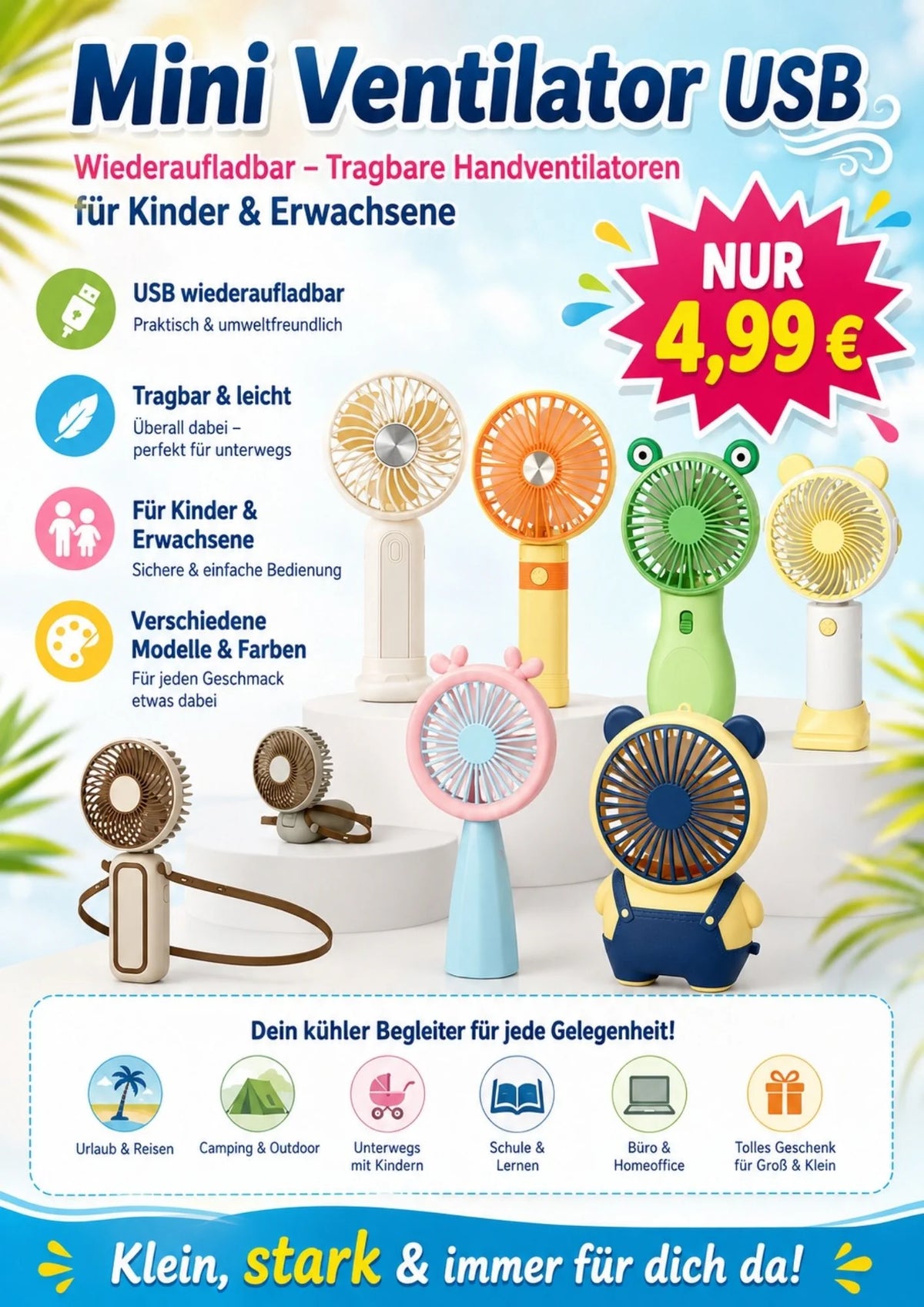 Mini USB Handventilator wiederaufladbar â Saisonende-Angebot, 1 StĂŒck in zufĂ€lligem Modell & Farbe
