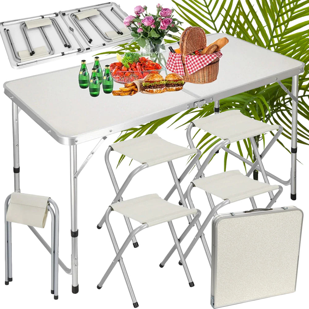 Campingtisch Set klappbar 120x60 cm mit 4 Hockern höhenverstellbar Outdoor