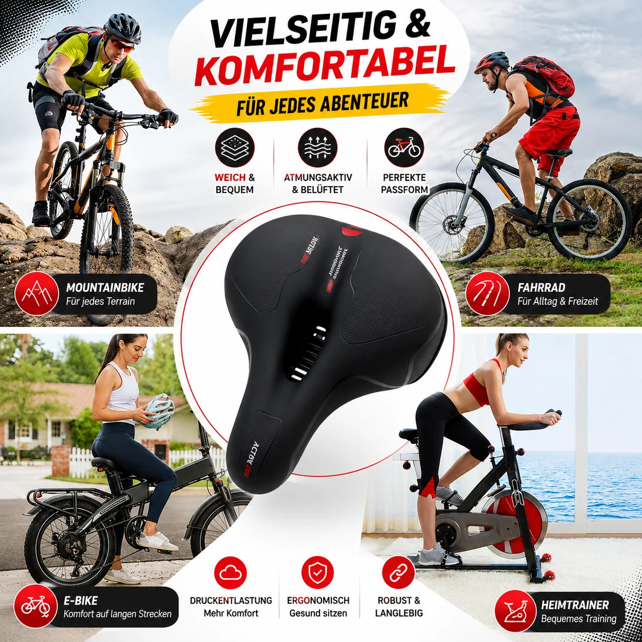 Fahrradsattel Komfort Breit mit Gel Memory-Schaum, Federung und Reflektor – Ergonomischer Fahrradsattel für MTB, Citybike & E-Bike