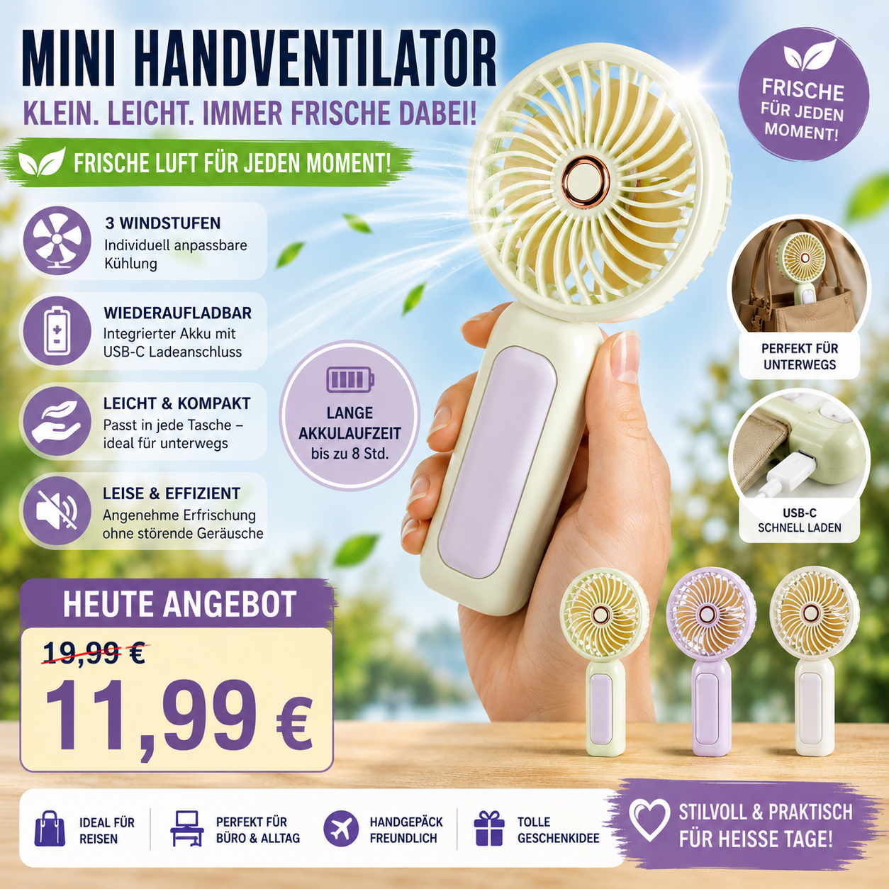 Mini USB Akku Ventilator – Leiser Handventilator mit 3 Stufen USB-C