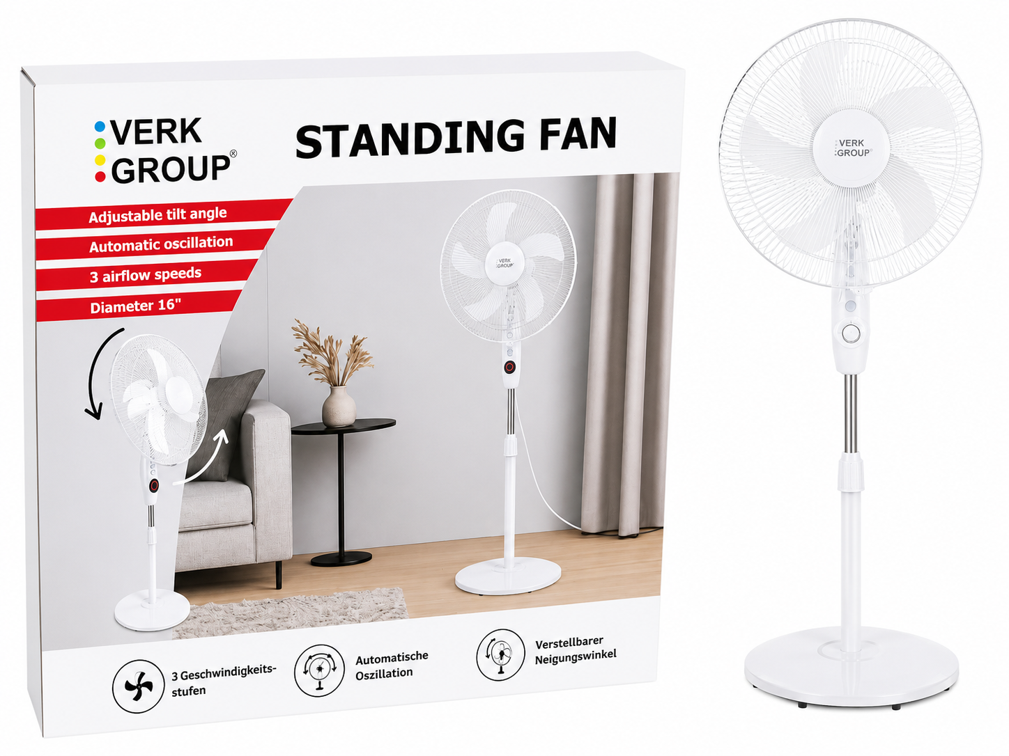 Standventilator 16 Zoll 40W mit Oszillation – Höhenverstellbarer Bodenventilator Weiß (40 cm)