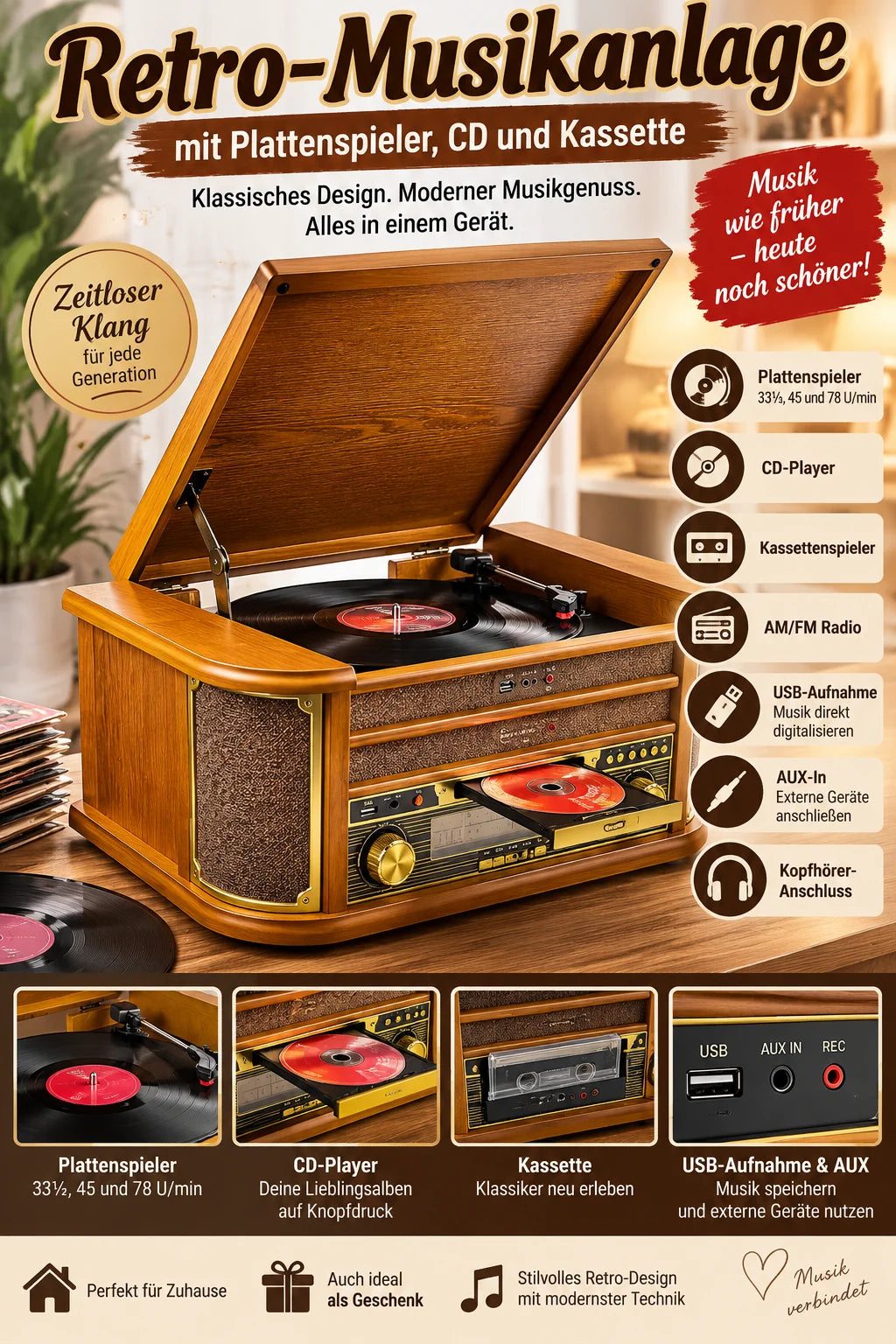 Record player nostalgia wooden music system USB record player retro stereo system