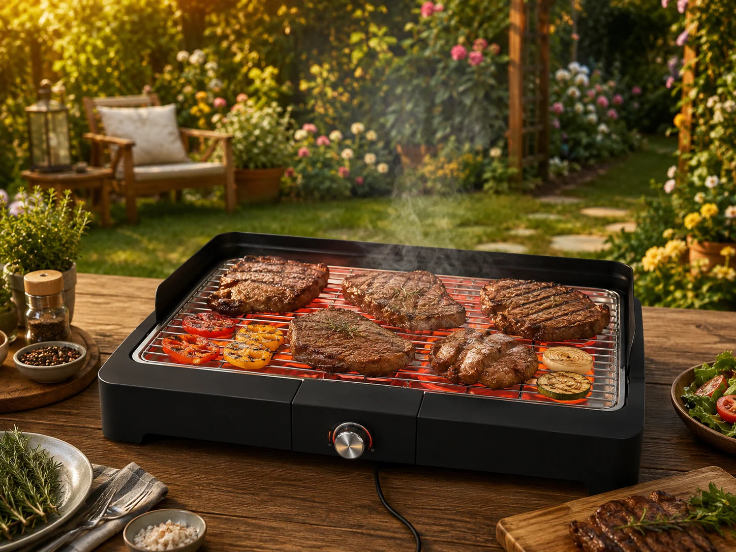 SEVERIN PG 8565 Elektrogrill 2200 W – Tischgrill mit Edelstahl-Grillrost für Balkon, Garten und Innenbereich