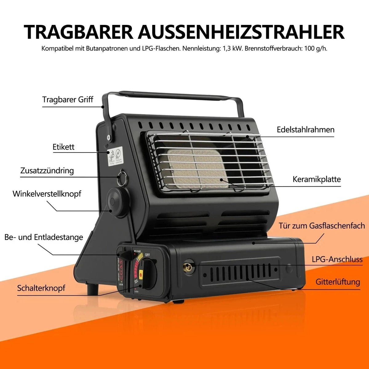 Gasheizung 2in1 Camping Heizung 1,3kW Heizstrahler Keramik Piezo Zelt Outdoor