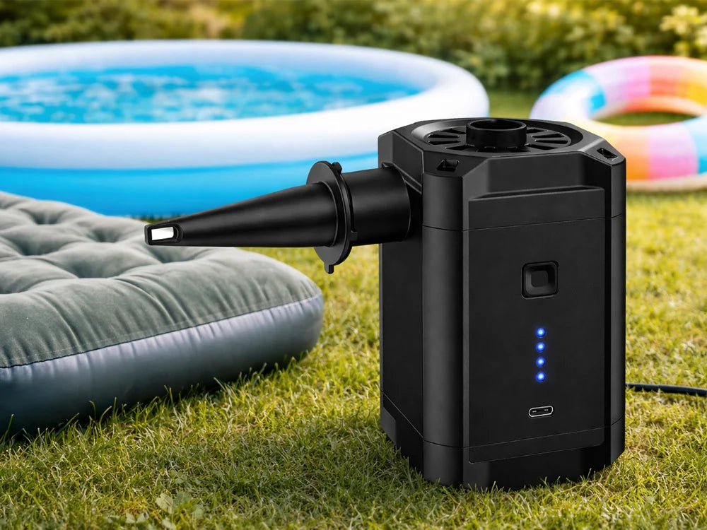 Elektrische Akku Luftpumpe mit 5200 mAh, USB-C, 3 Düsen und LED-Anzeige – Luftpumpe für Luftmatratzen, Pool & Camping