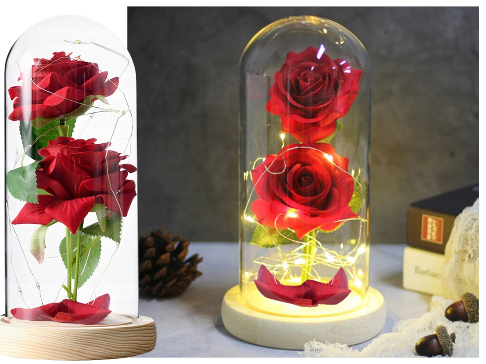 LED Ewige Rose im Glas mit 2 roten Rosen – Romantisches Geschenk für Valentinstag, Muttertag, Geburtstag und Jahrestag