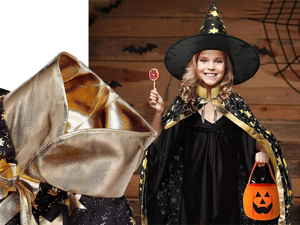 Halloween Zauberer Kostüm Magier Umhang mit Hut Sterne Karneval Verkleidung