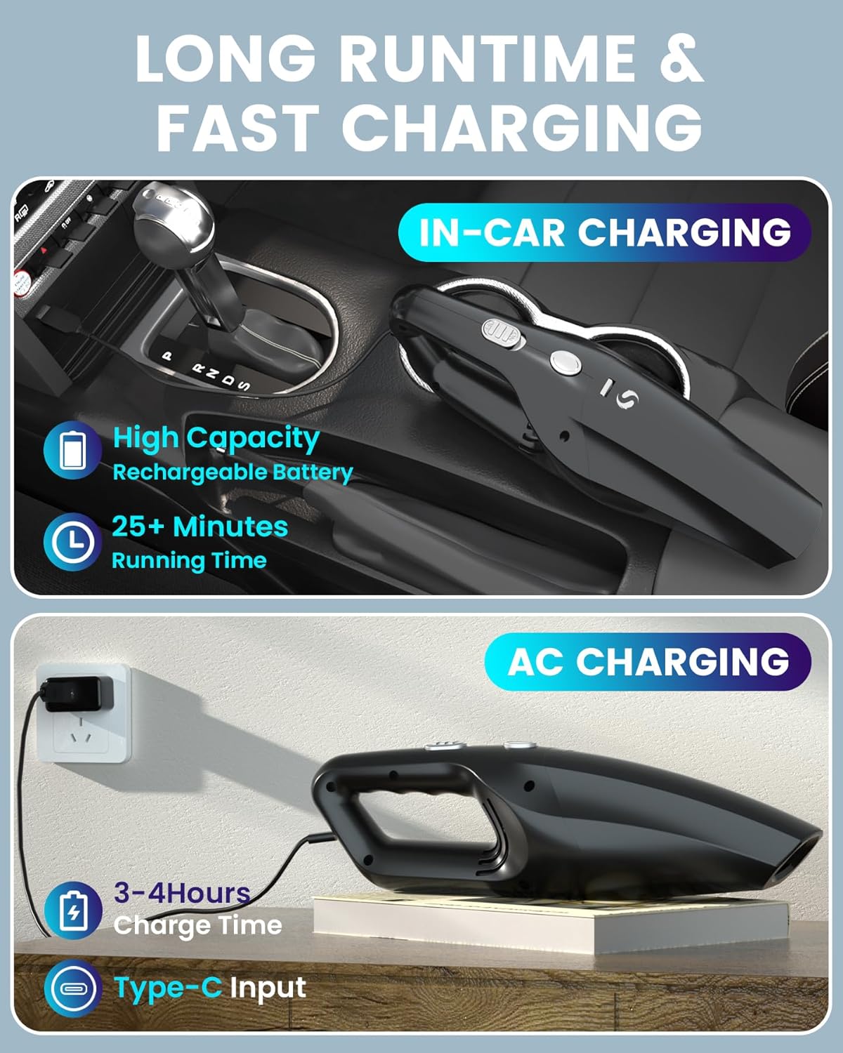 Kabelloser Handstaubsauger mit HEPA-Filter – Akku Auto Staubsauger USB-C für Auto, Haus & Büro