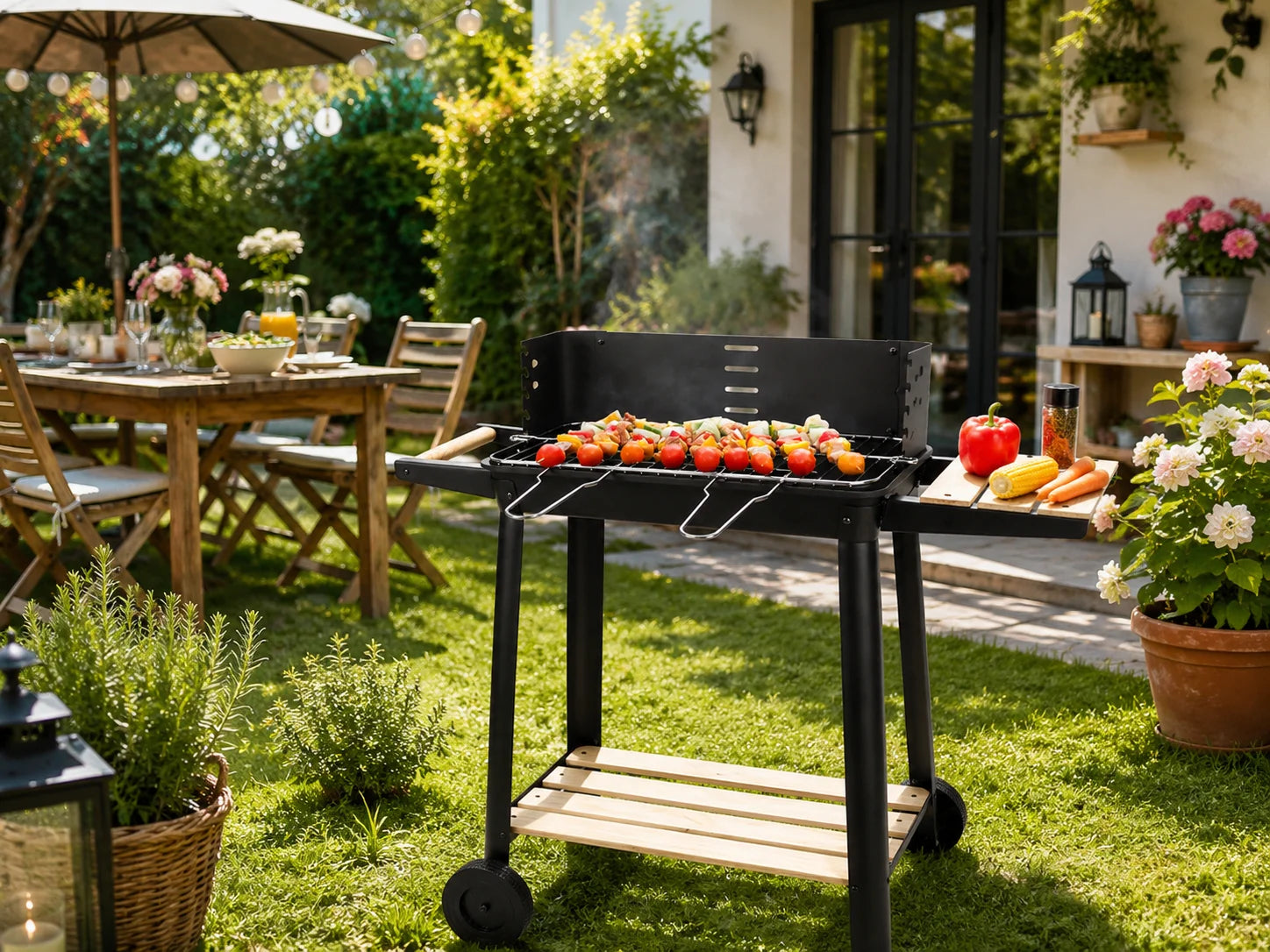 Holzkohlegrill Grillwagen BBQ Grill Höhenverstellbar Ablagen Räder Garten