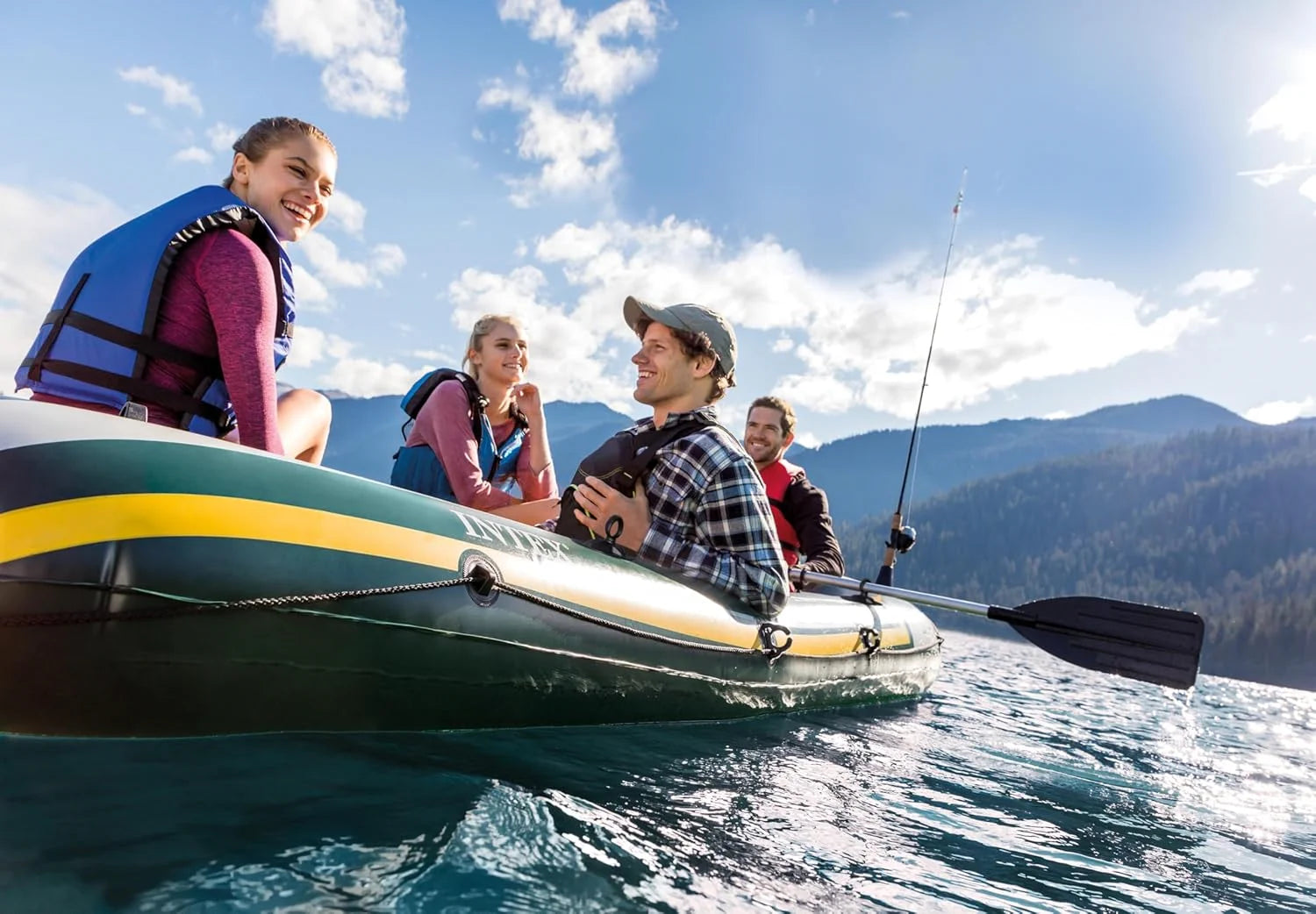 INTEX Seahawk 4 Schlauchboot Set – 4 Personen bis 480 kg mit Alu-Paddeln, Handpumpe & Angelrutenhaltern