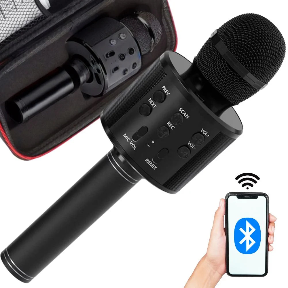 Kabelloses Bluetooth Karaoke Mikrofon mit 5W Lautsprecher, Echo-Effekt, Sprachmodi, MicroSD & Etui
