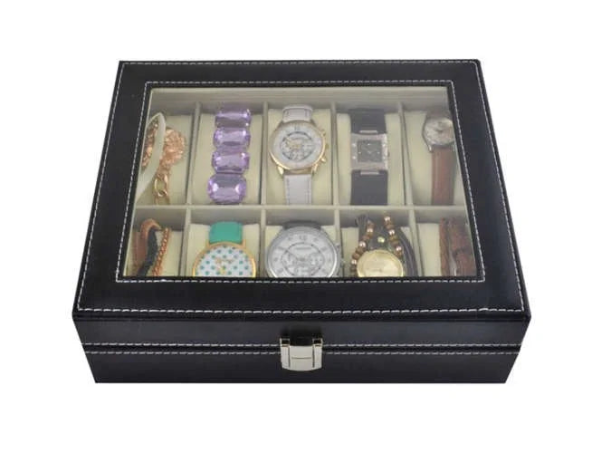 Uhrenbox für 10 Uhren – schwarzer Uhrenkoffer aus PU mit Sichtfenster, Uhrenetui Organizer und Geschenkbox