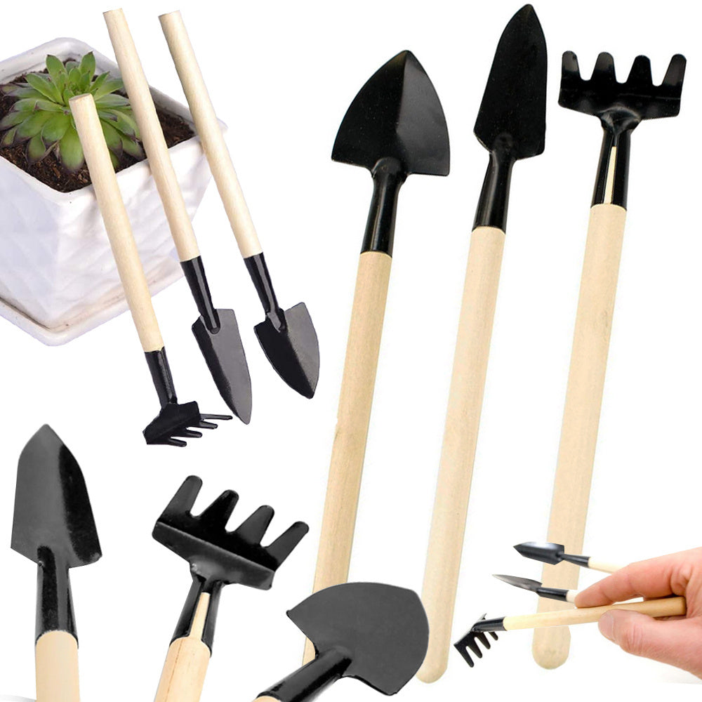 Mini Gartenwerkzeug Set 3-teilig – Schaufel Rechen Spaten für Topfpflanzen Umtopfen
